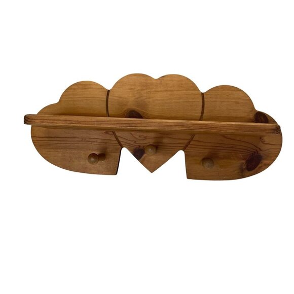 Heart-Shaped Wooden Wall Shelf With Peg Hooks For Hanging Rustic Decor Lightweig - Picture 1 of 8